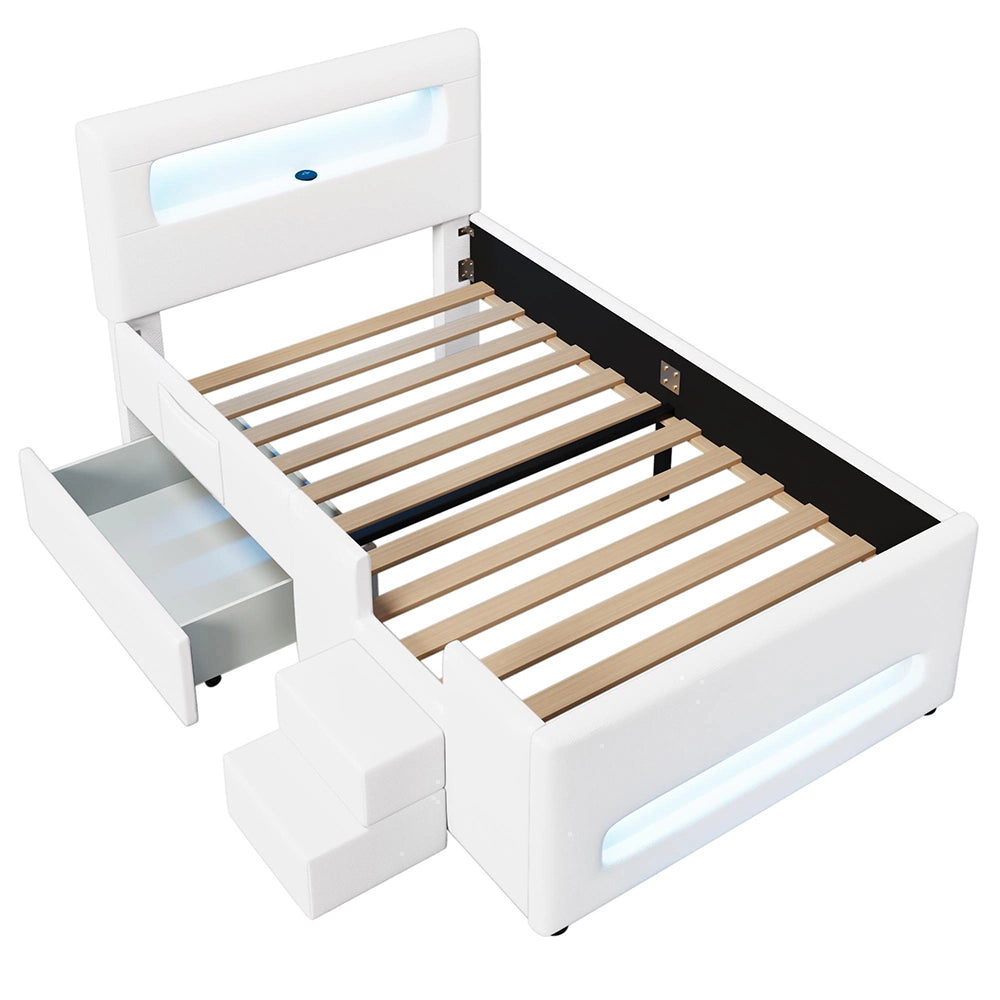 Letto imbottito 90x200cm?- Xylo - scala LED 2 cassetti bianco
