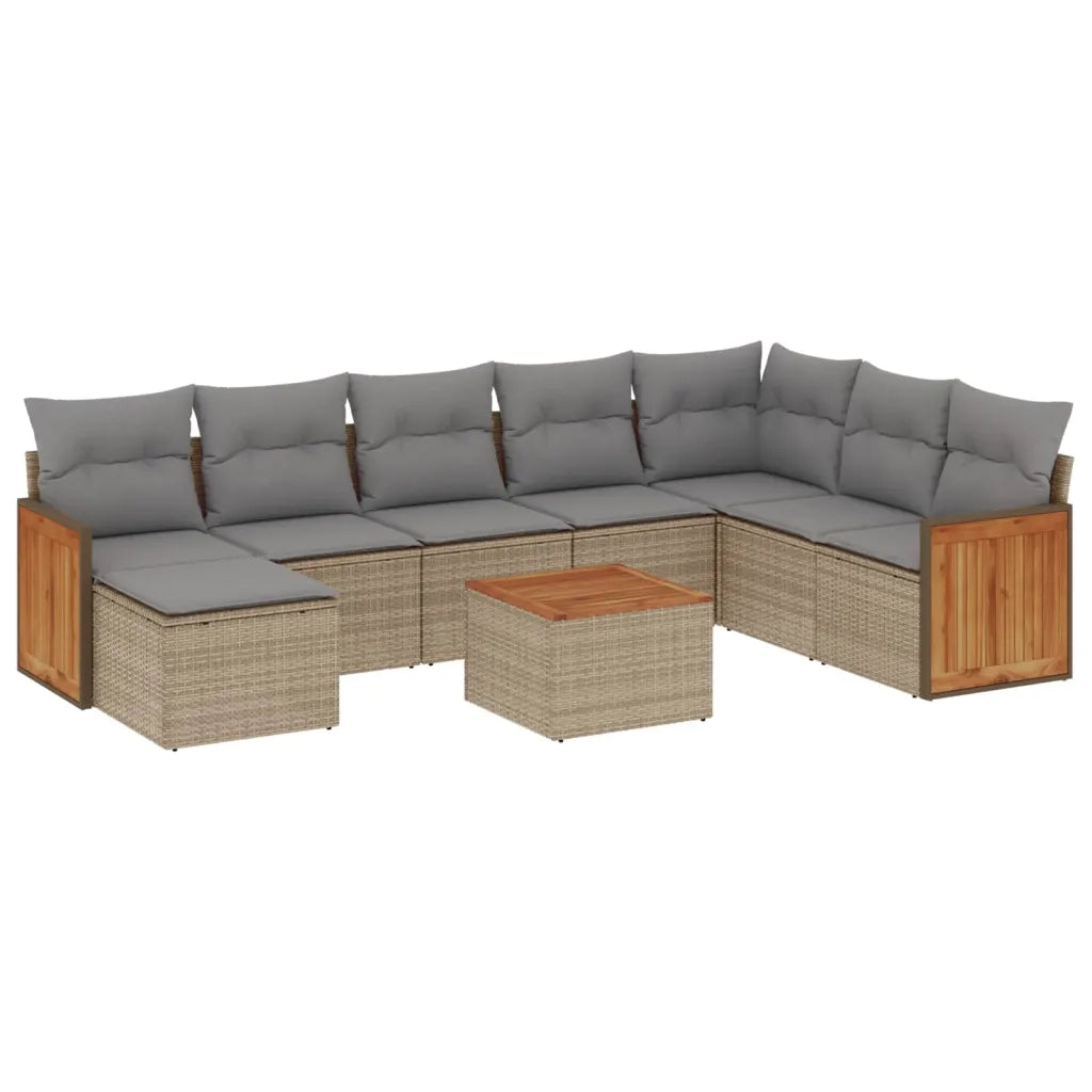Set Divano da Giardino 9 pz con Cuscini Beige in Polyrattan