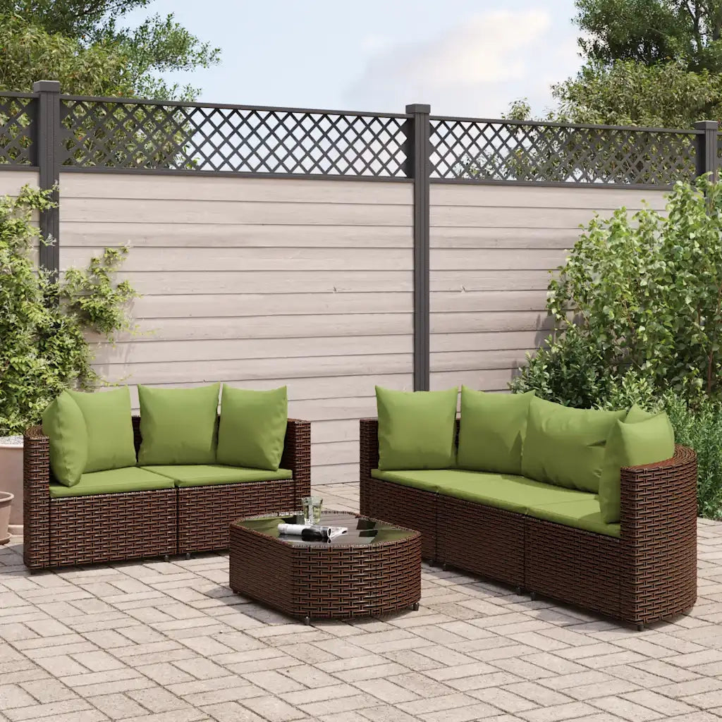 Set Divano da Giardino 6 pz con Cuscini Marrone in Polyrattan