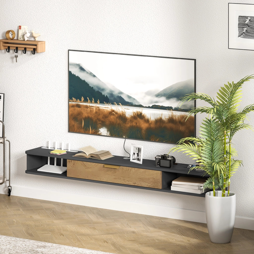 Mobile TV sospeso con ante scorrevoli e scomparti aperti ¨C zephmum ¨C grigio 160x24x16 cm