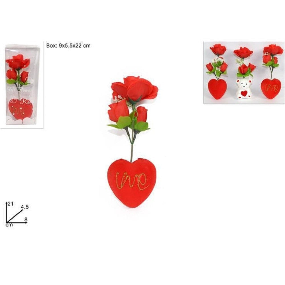 Trade Shop - Rosa Rossa Artificiale Con Cuore Orsetto Box Regalo Per San Valentino 3 Mod Ass -