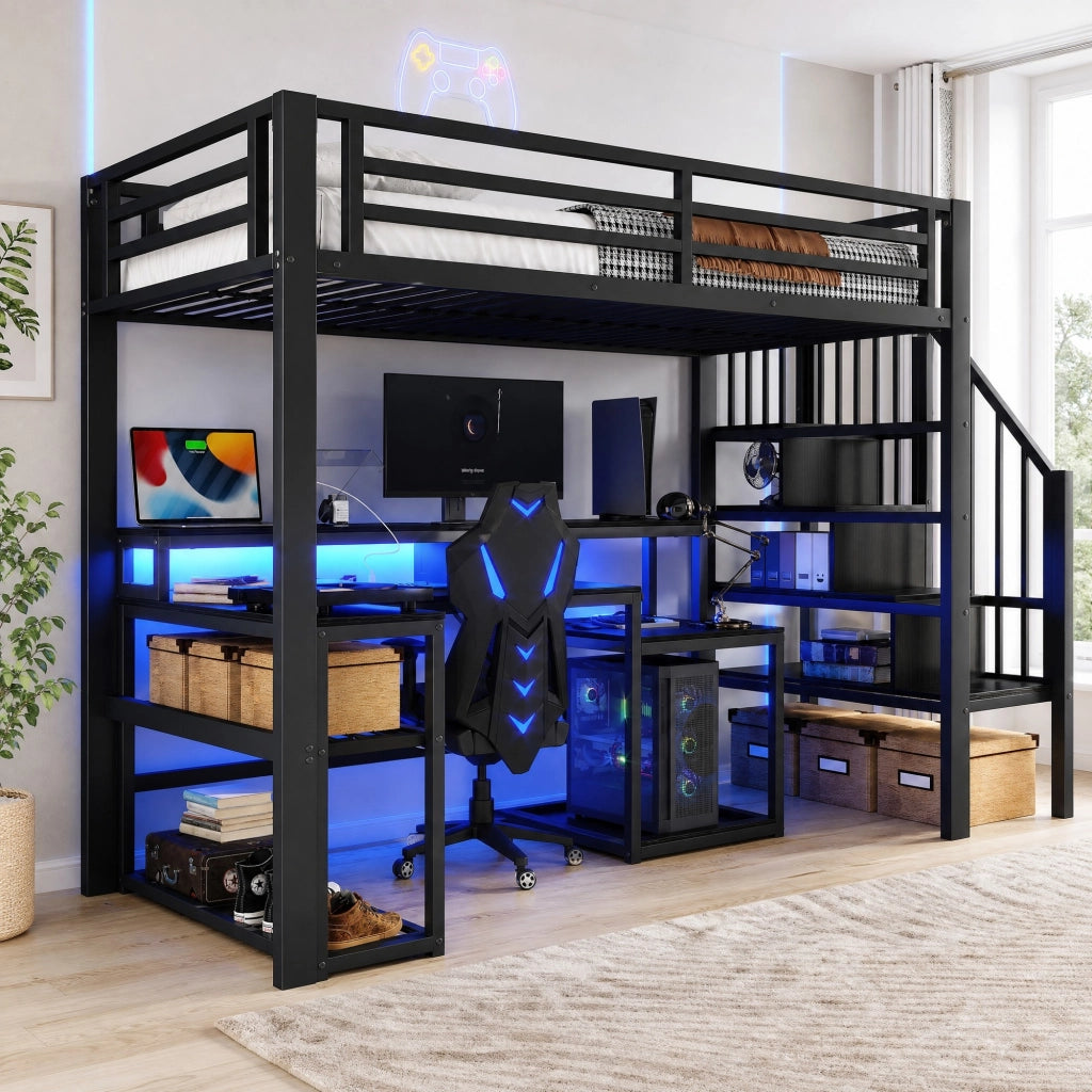 LETTO A SOPPALCO 90x200 cm Metallo e MDF Nero con scrivania USB