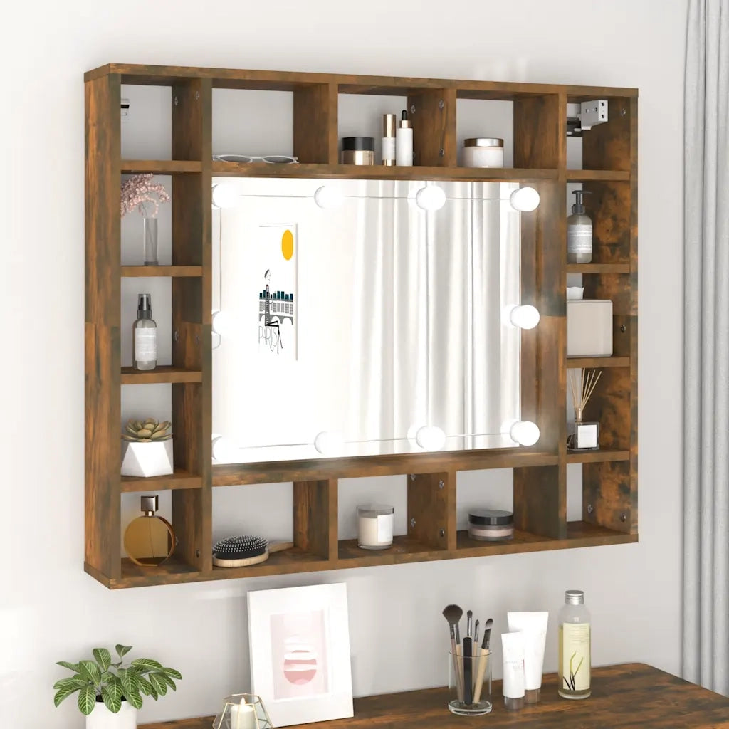 Mobile a Specchio con LED-Armadietto a Specchio Rovere Fumo 91x15x76,5 cm