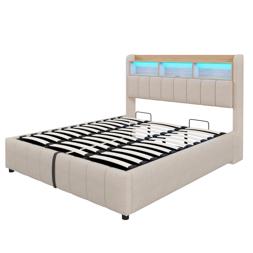 Letto imbottito 180x200 cm con LED, USB-C, contenitore idraulico e testiera con ripiani