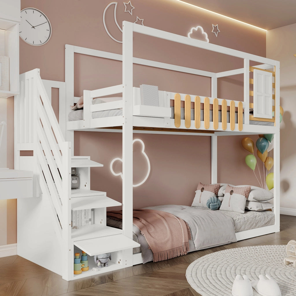 Letto a castello con scala funzione contenitiva in legno massello di pino e MDF 90x200 cm