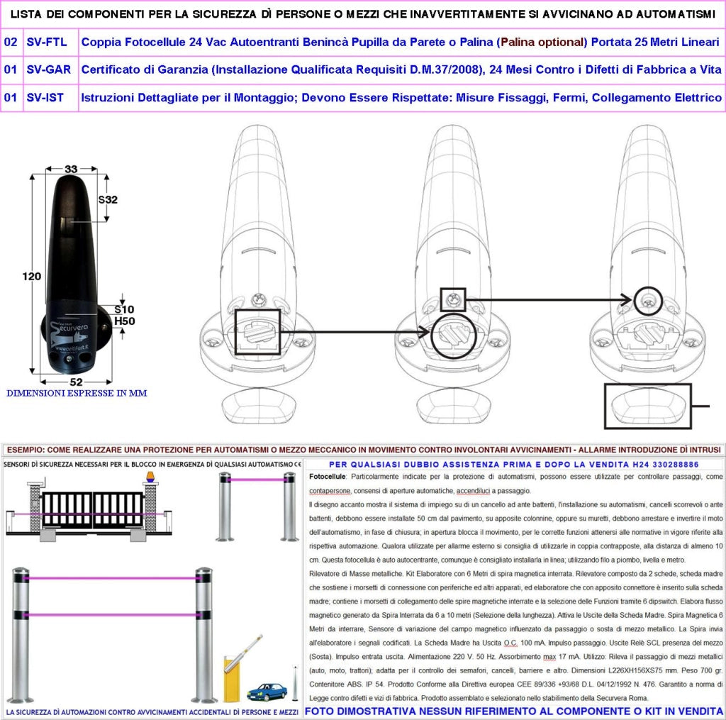 Fotocellule Sicurezza Controllo Cancello Elettrico Automatico 2 Coppie Con Portata 20 Metri Lineari Orientabili 180° in Orizzontale Montaggio a Parete Oppure a Palina Alimentazione 12/24 Vac Prot IP44
