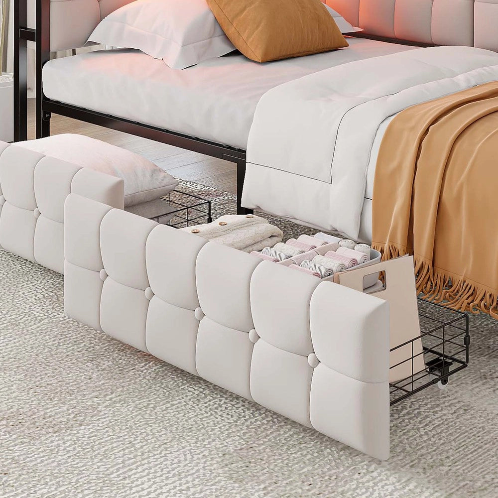 Letto Singolo Imbottito con Cassetti e LED ¨C MINIMAL ¨C Beige 90x200