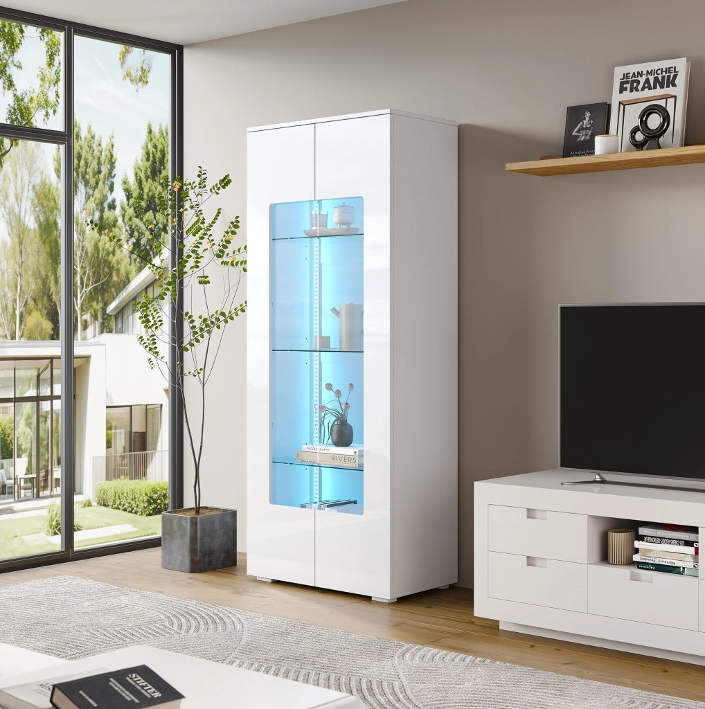 Vetrina soggiorno 70x40x173 cm con LED; 2 ante in acrilico; MDF bianco