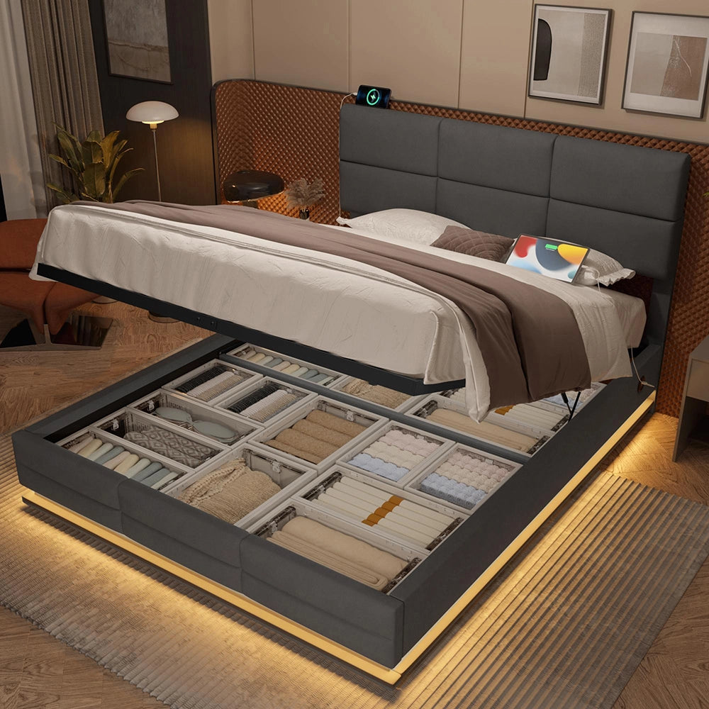 Letto 140x200cm imbottito - Xylo - velluto grigio USB idraulico LED