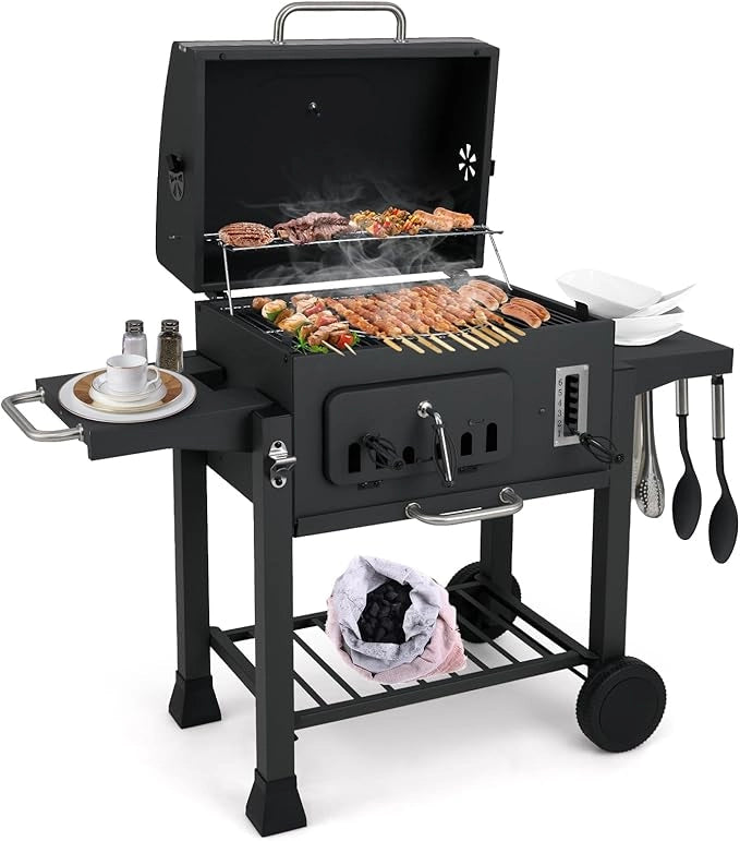 Barbecue a Carbone da Esterno con Ruote, Barbecue a Carbone Portatile con 2 Tavolini Pieghevoli, Vassoio del Carbone Regolabile a 6 Livelli e Ripiano di Stoccaggio, per Campeggio, Picnic