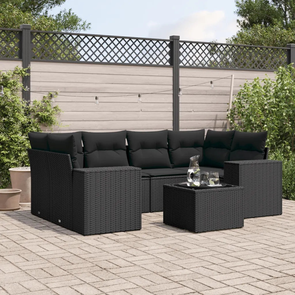 Set Divani da Giardino con Cuscini 7pz Nero Polyrattan