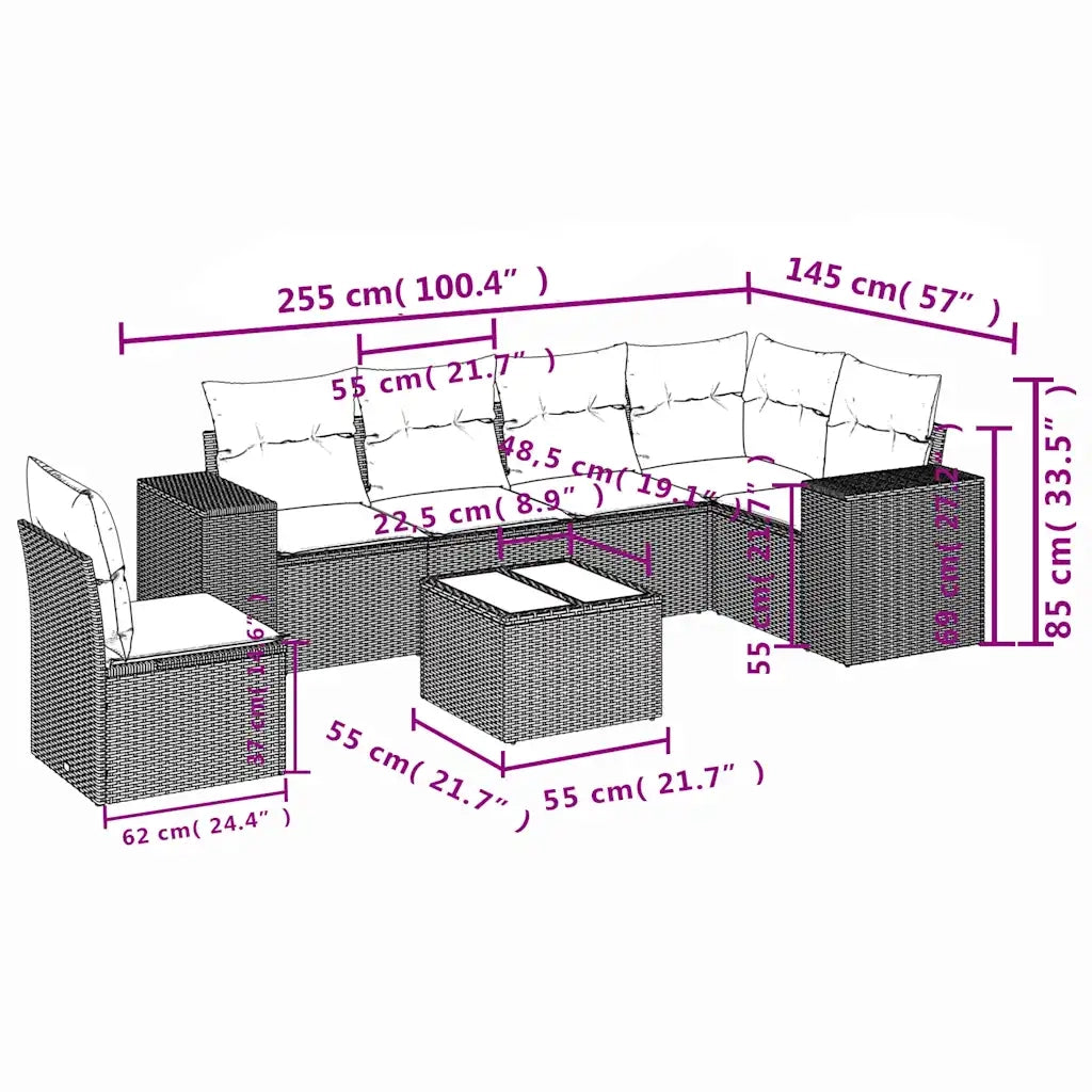 Set Divani da Giardino 7 pz con Cuscini Marrone in Polyrattan 3222642