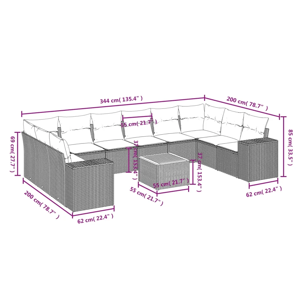 Set Divani da Giardino 11 pz con Cuscini in Polyrattan Nero 3225615
