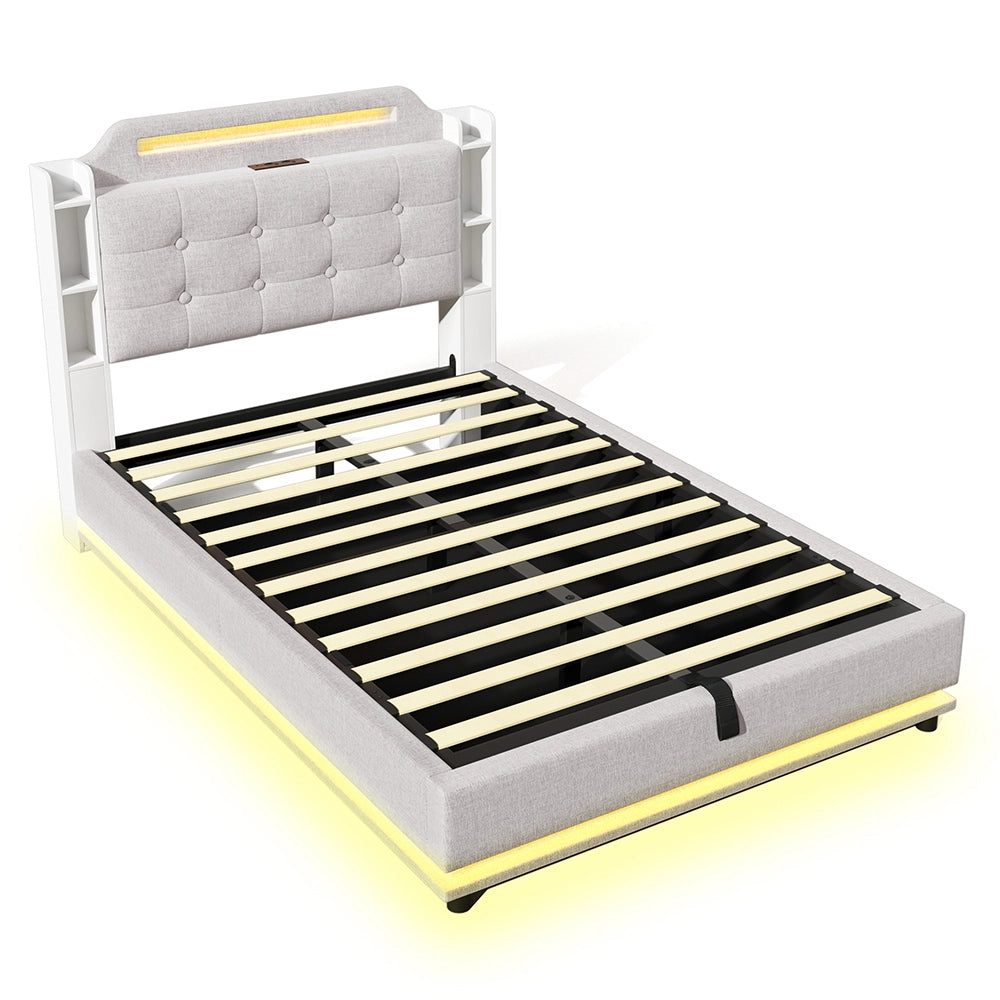 Letto-Xylo-140x200 cm-LED, USB-C, scomparti, lino beige
