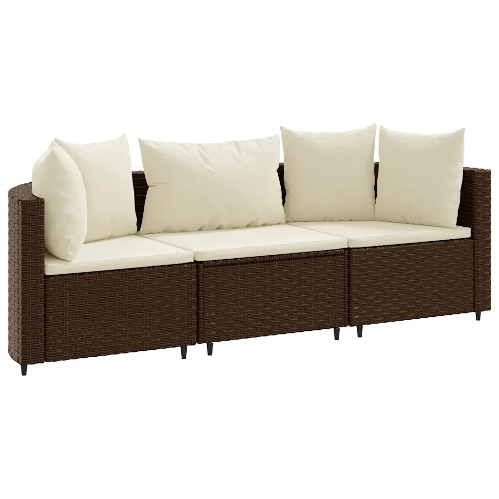 Set Divano da Giardino 3 pz con Cuscini Marrone in Polyrattan