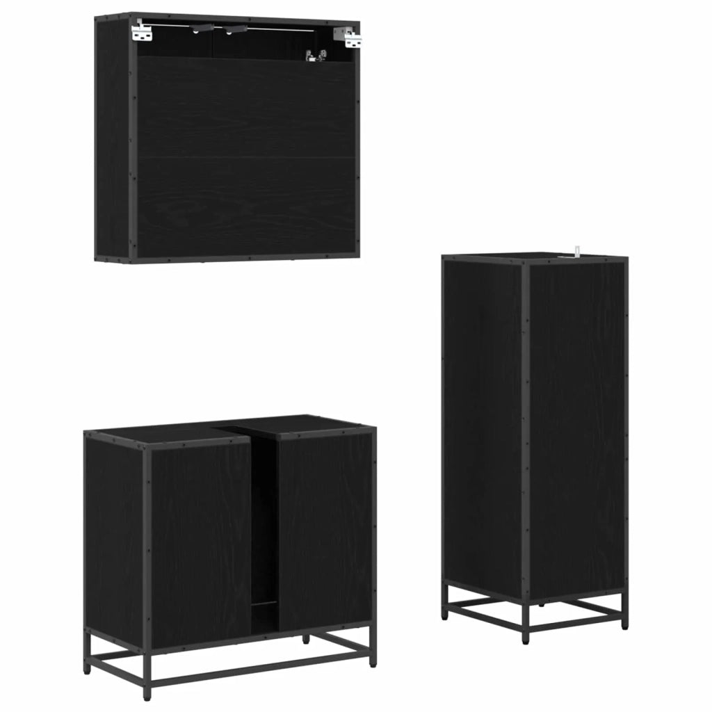 Set di mobili per il Bagno | Armadio da bagno 3 pz Rovere Nero Legno multistrato