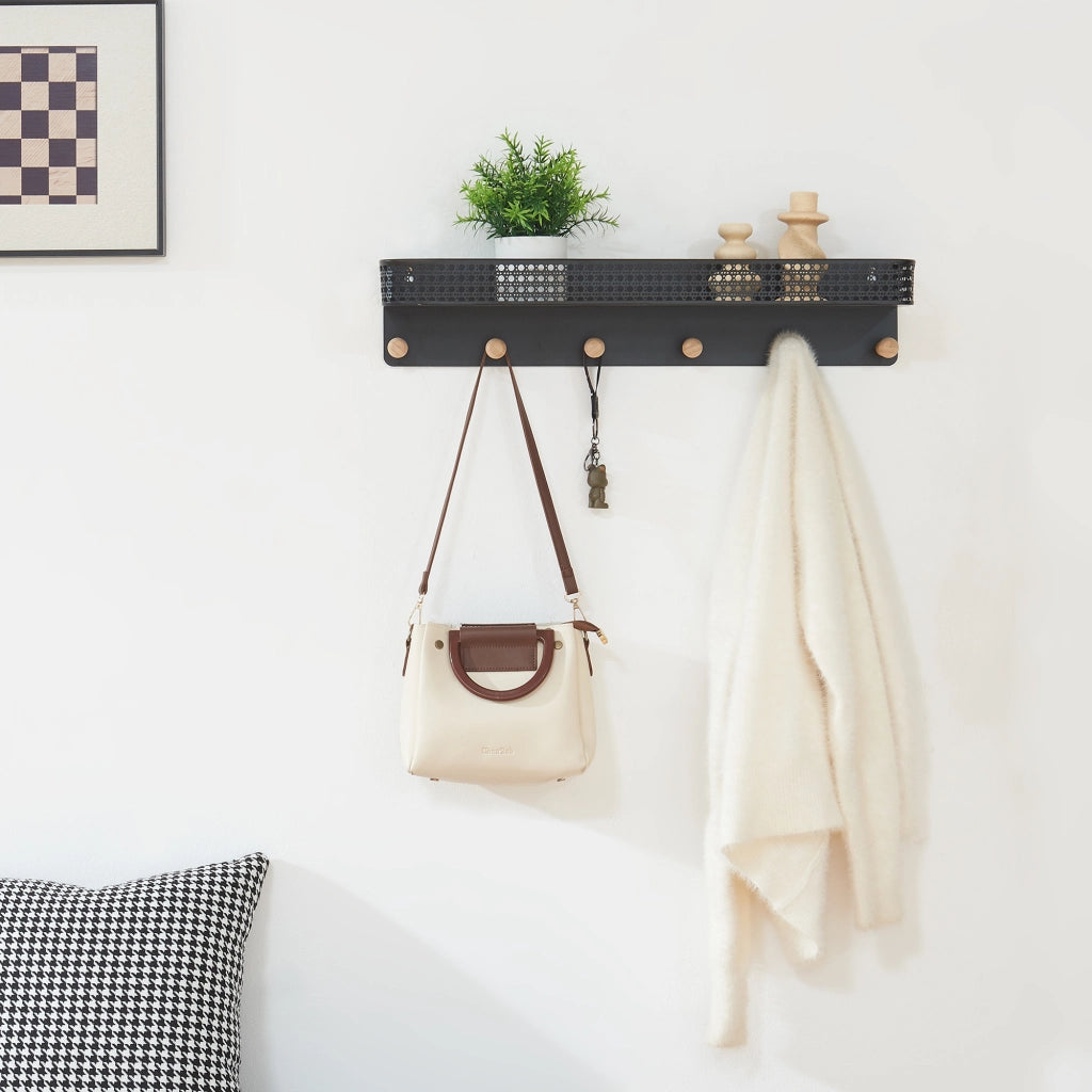 Appendiabiti da Parete Jäller con Mensola e 6 Ganci 60x14x12 cm Metallo - Nero [en.casa]