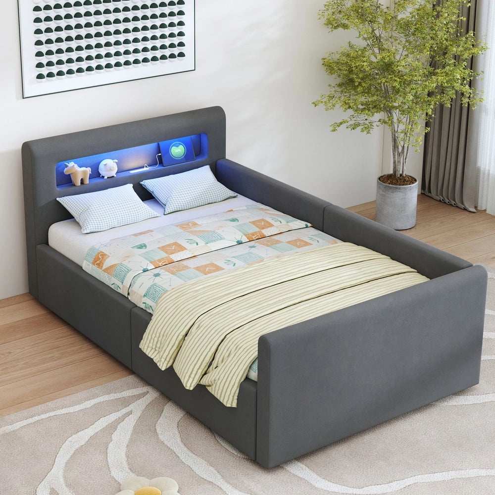 Letto Singolo Imbottito con LED, USB e Contenitore Idraulico ¨C MINIMAL ¨C Velluto Grigio Scuro 90x200