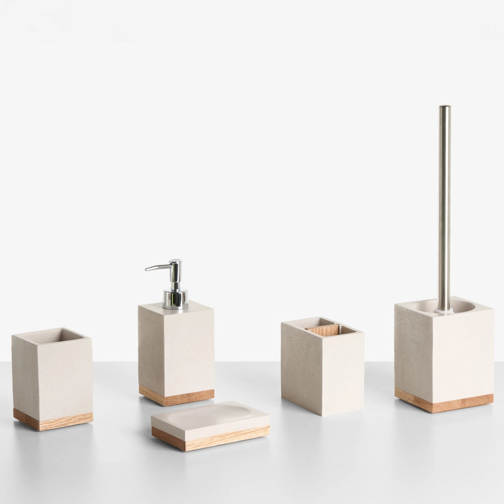 Set di 5 accessori da bagno con portasapone, dispenser, scopino, bicchiere e portaspazzolini beige