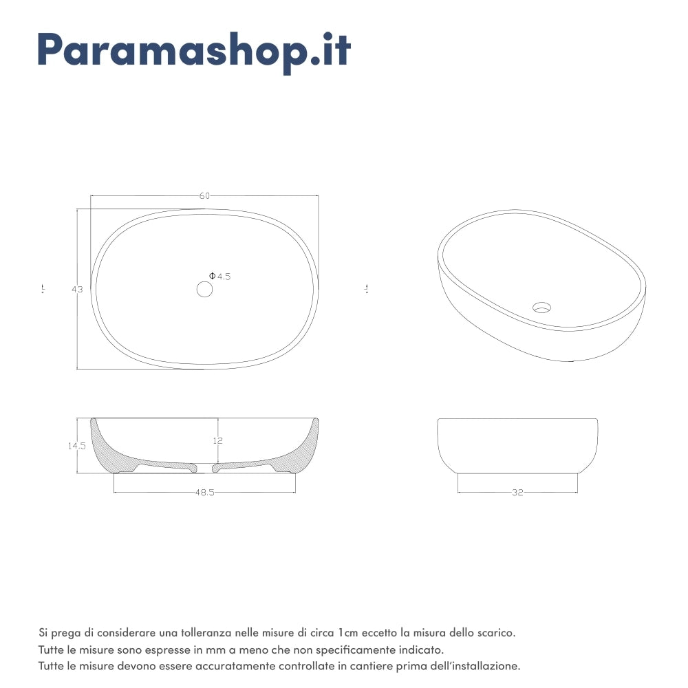 Lavabo da appoggio ovale 60x43x15 cm Nero opaco