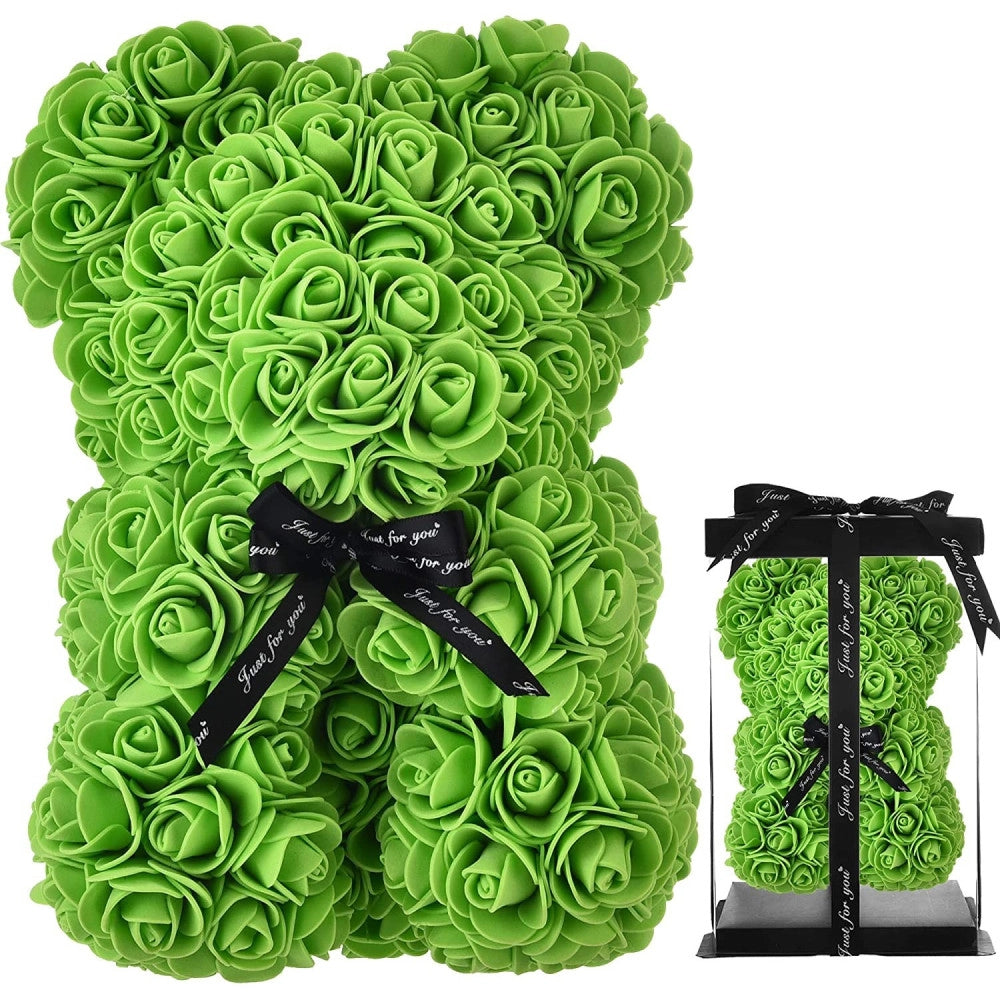 Trade Shop - Orsacchiotto Orsetto Orso Di Rose Con Fiori Artificiali Da 25cm San Valentino - Verde