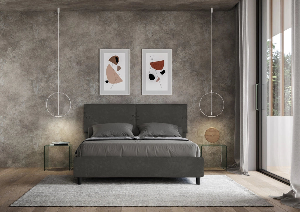 BS COM Letto matrimoniale con rete imbottito 160x190 microfibra grigio