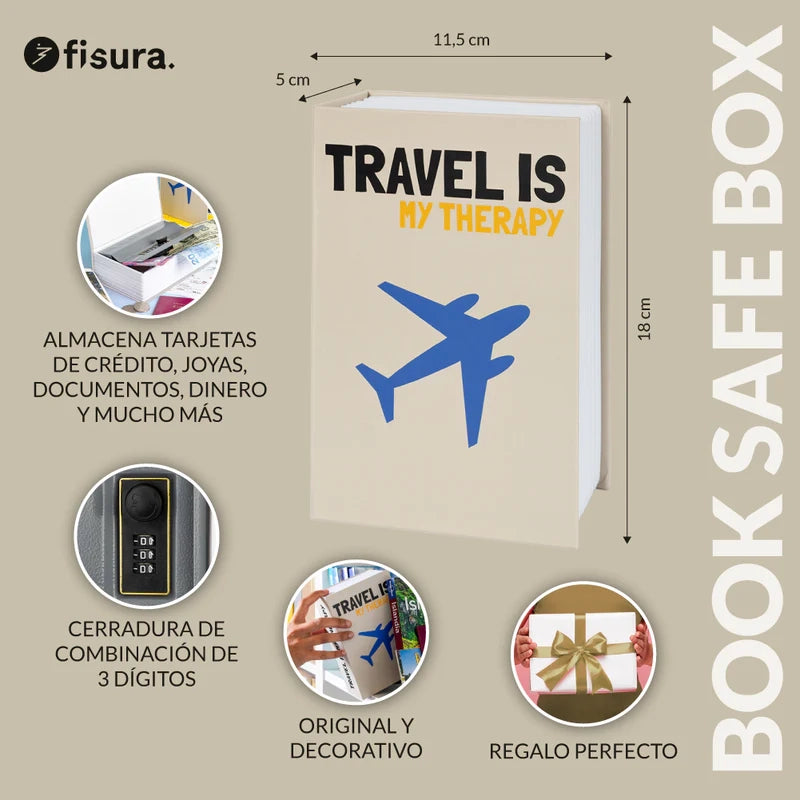 Cassaforte a forma di libro con scritta  "Travel is my therapy"