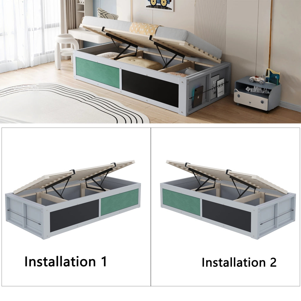 Letto contenitore 90 × 200 cm con spazio libri lavagna e pannello in feltro legno grigio