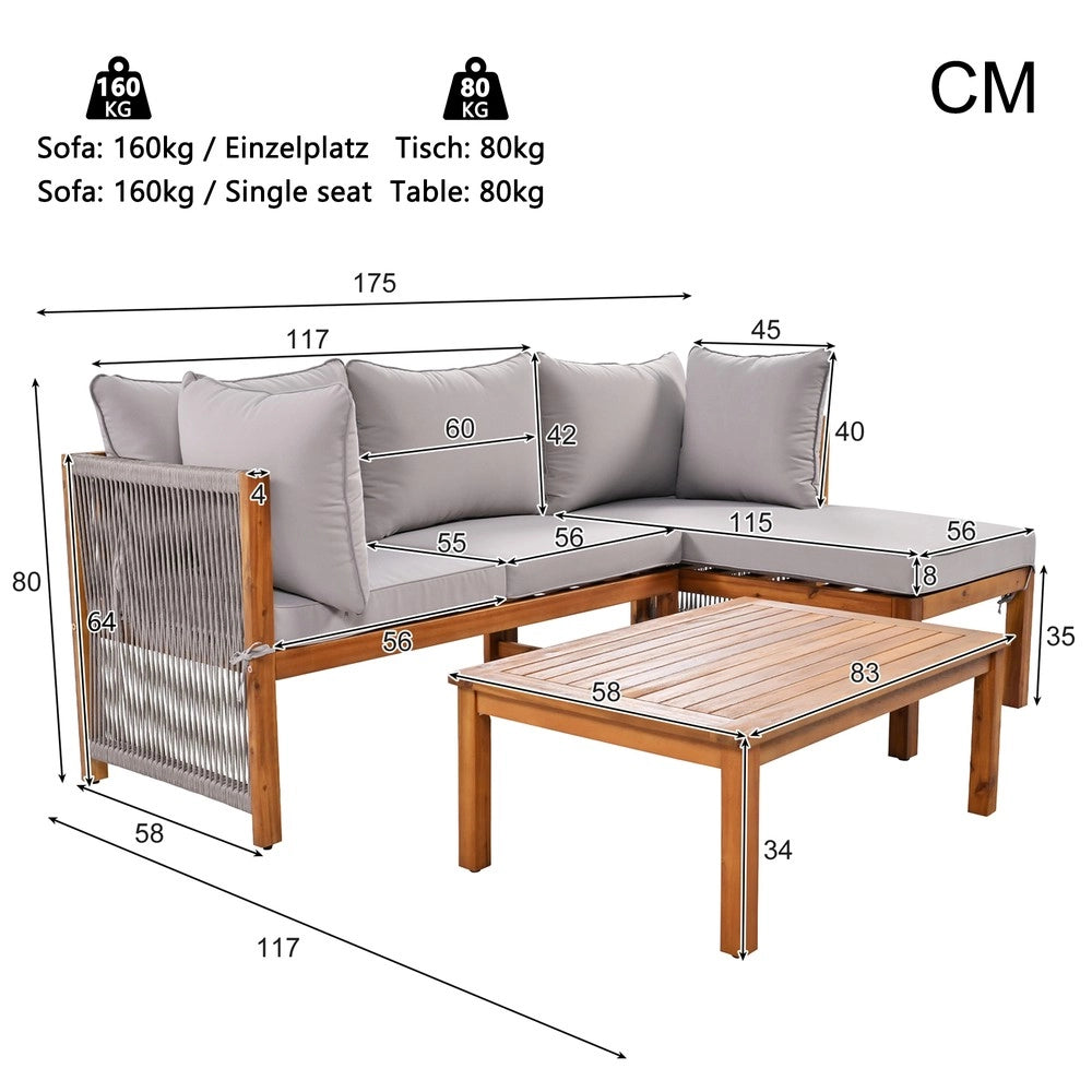 Set da giardino lounge (3 pezzi) - Zephmum- Cornice in acacia, braccioli in corda grigi, gambe regolabili