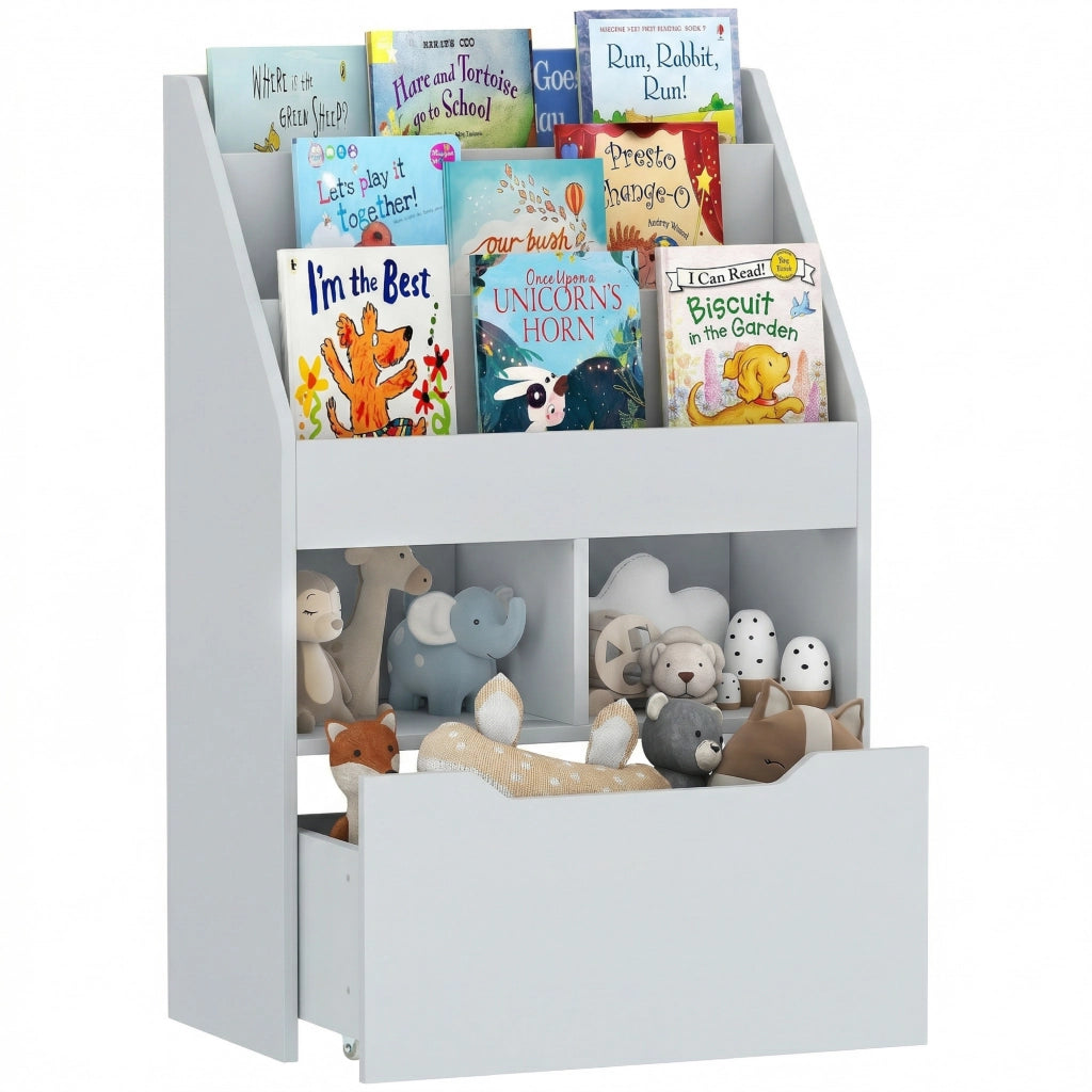 Libreria per Bambini con 3 Ripiani, 2 Cubi e Cassetti con Ruote ¨C Minimal ¨C 60x30x90 cm Grigio