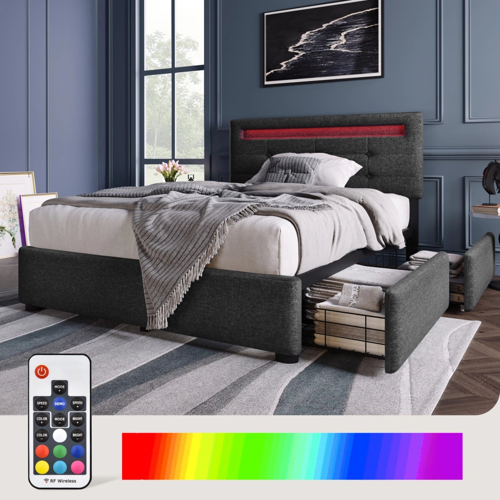 LETTO Singolo 90x200 cm in Lino Grigio con LED e 2 Cassetti