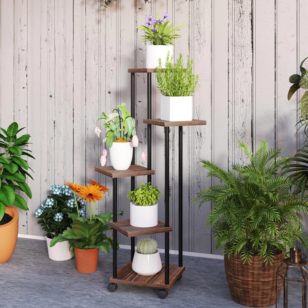 Supporto per piante a 5 livelli ¨C Xylo ¨C legno e acciaio, design sfalsato