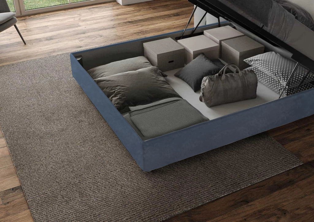 BS COM Letto matrimoniale king size contenitore imbottito 170x200 microfibra blu