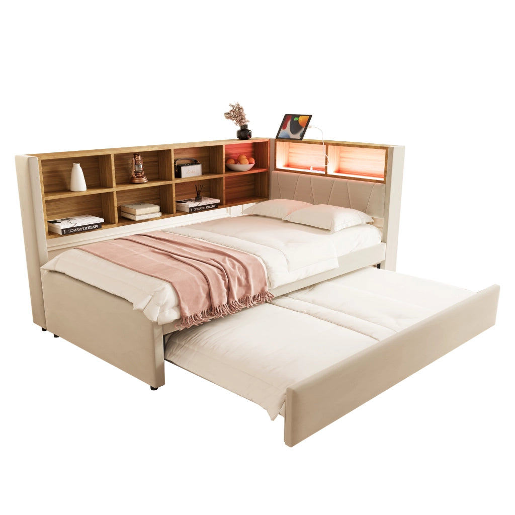 Divano letto 90x200 - Zephmum - LED, prese, ripiani, flanella beige