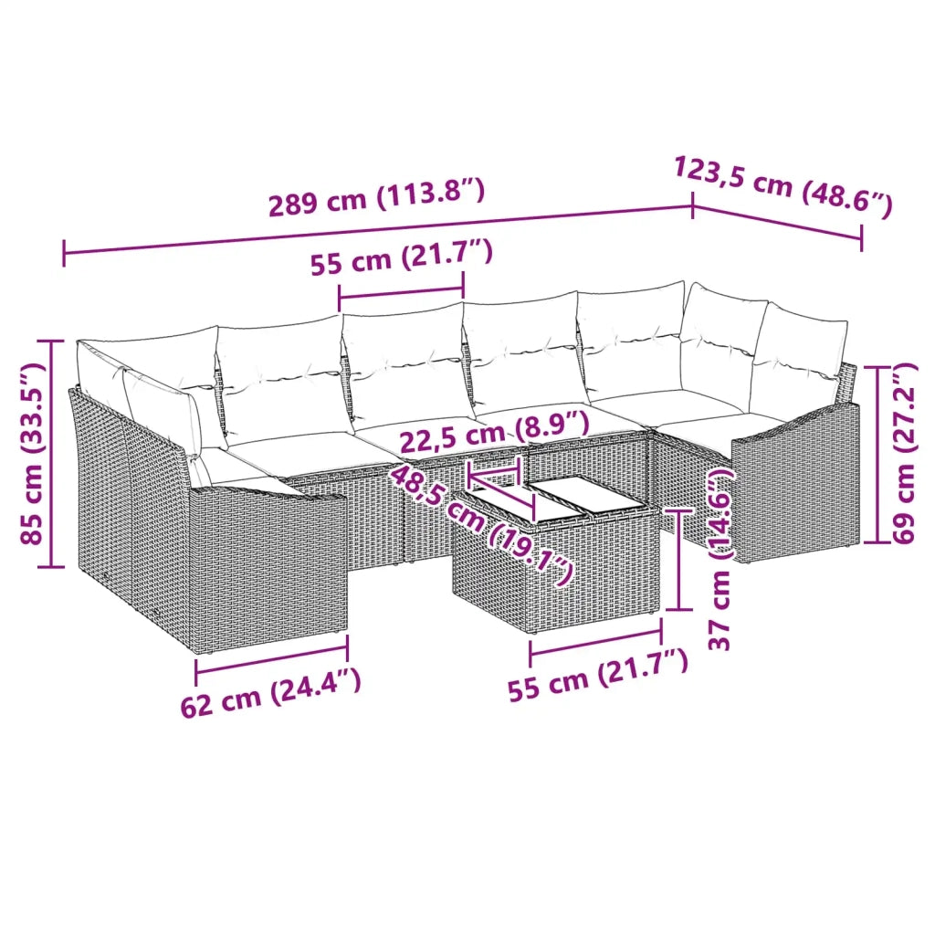 Set di divani 8 pz 7-Numero di posti Marrone e Rosso polyrattan 3346644