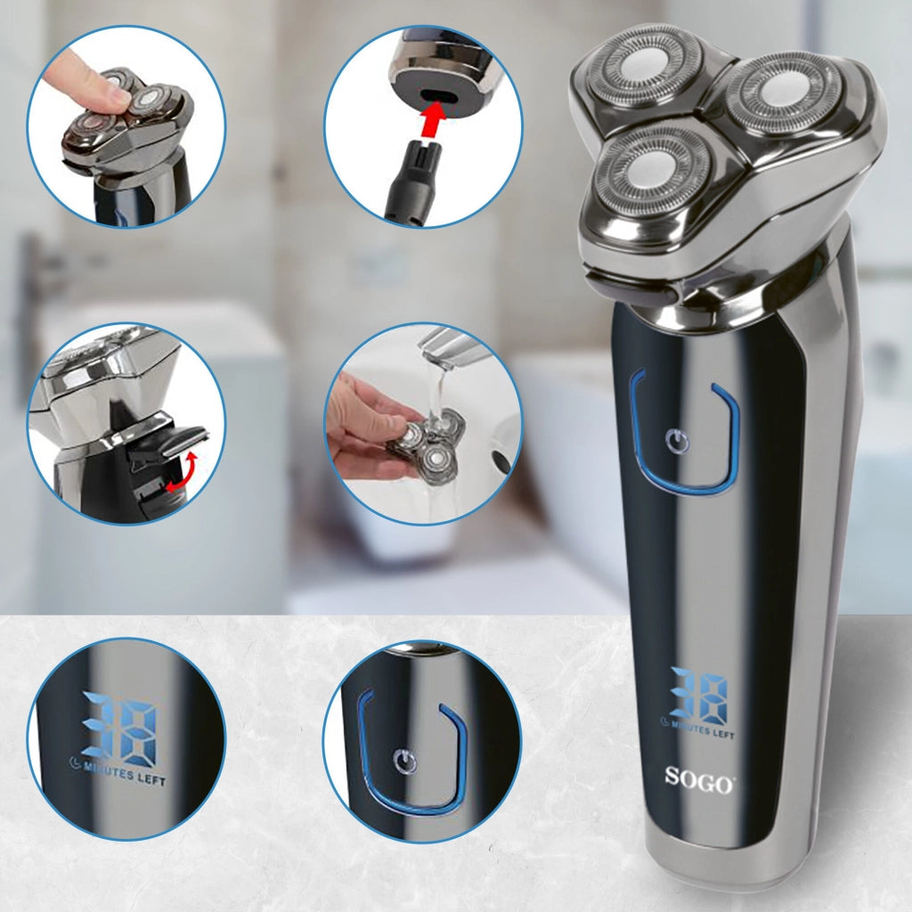 Rasoio elettrico da viaggio ricaricabile, 3 testine flottanti IPX5, autonomia 45 minuti batteria litio 800mAh - SOGO