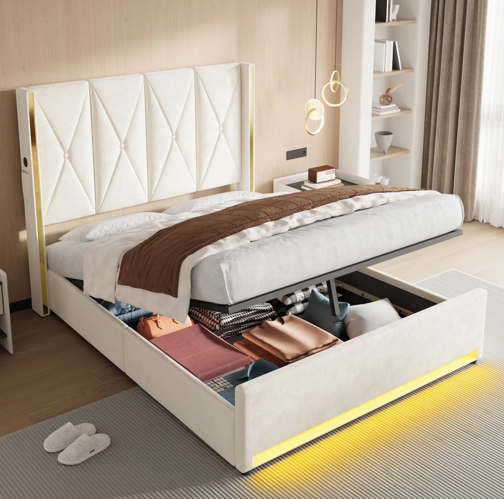 Letto matrimoniale 160x200 cm in velluto beige con contenitore; USB; Type-C e LED