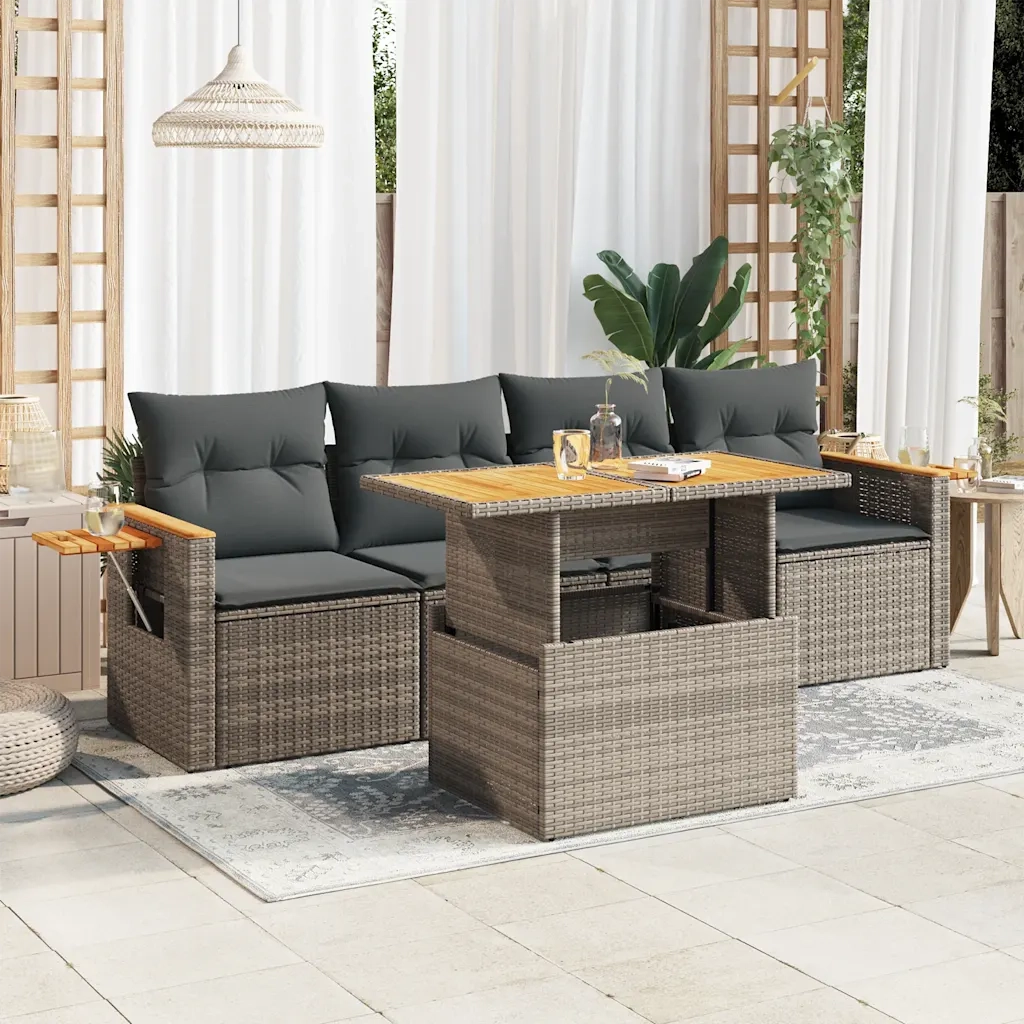 Set Divano Giardino 5 pz con Cuscini Grigio Polyrattan Acacia 3327546