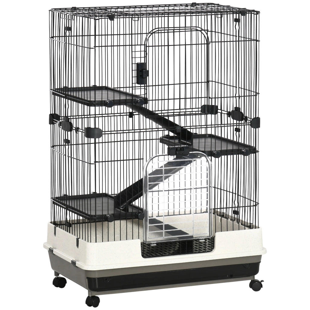 Gabbia a 3 Piani in Metallo con Vassoio per Roditori, Conigli e Furetti con 4 Ruote, 81.2x52.7x114cm, Nera