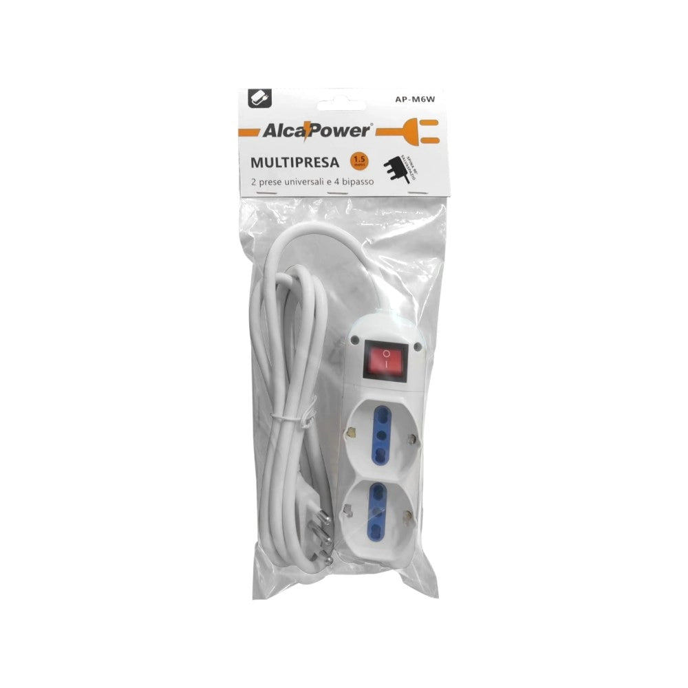 Alca power multipresa bianca con 4 bipasso + 2 universali con spina a 90° cavo da 1,5mt con interruttore