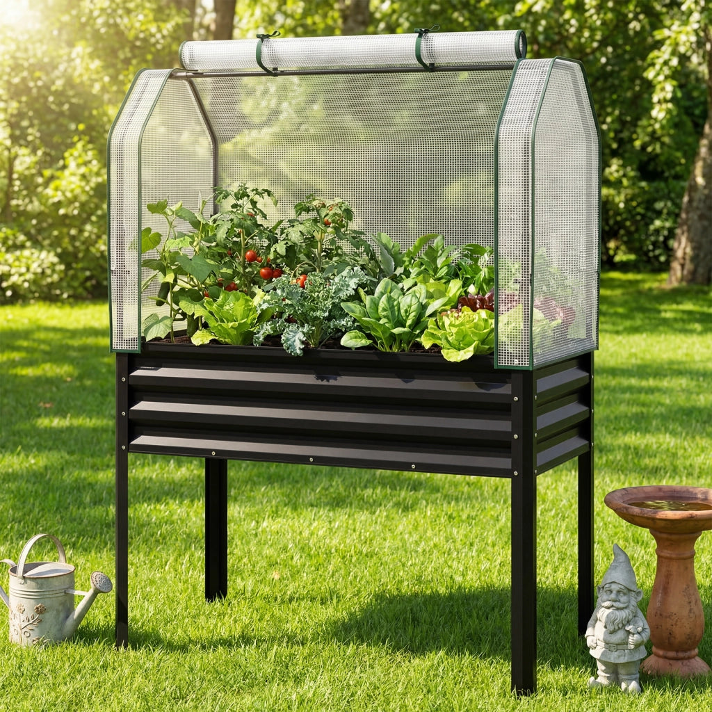 Orto rialzato in metallo da esterno porta avvolgibile con cerniera, Fioriera rialzata con copertura in PE altezza ergonomica Nero