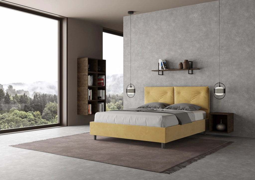 BS COM Letto queen size contenitore imbottito 150x200 microfibra ocra Large