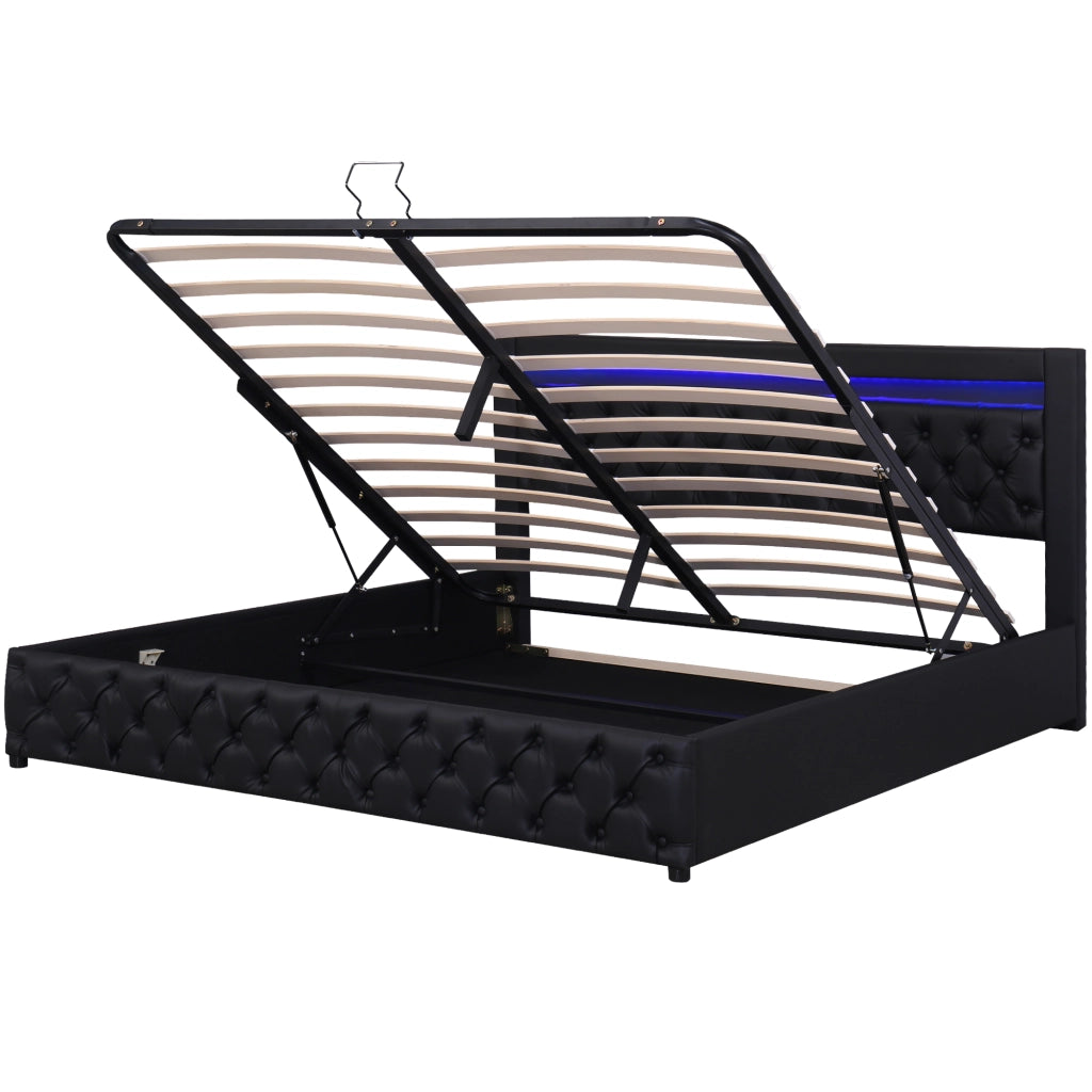 Letto imbottito 160x200 cm con rete a doghe, contenitore e LED, nero, PU
