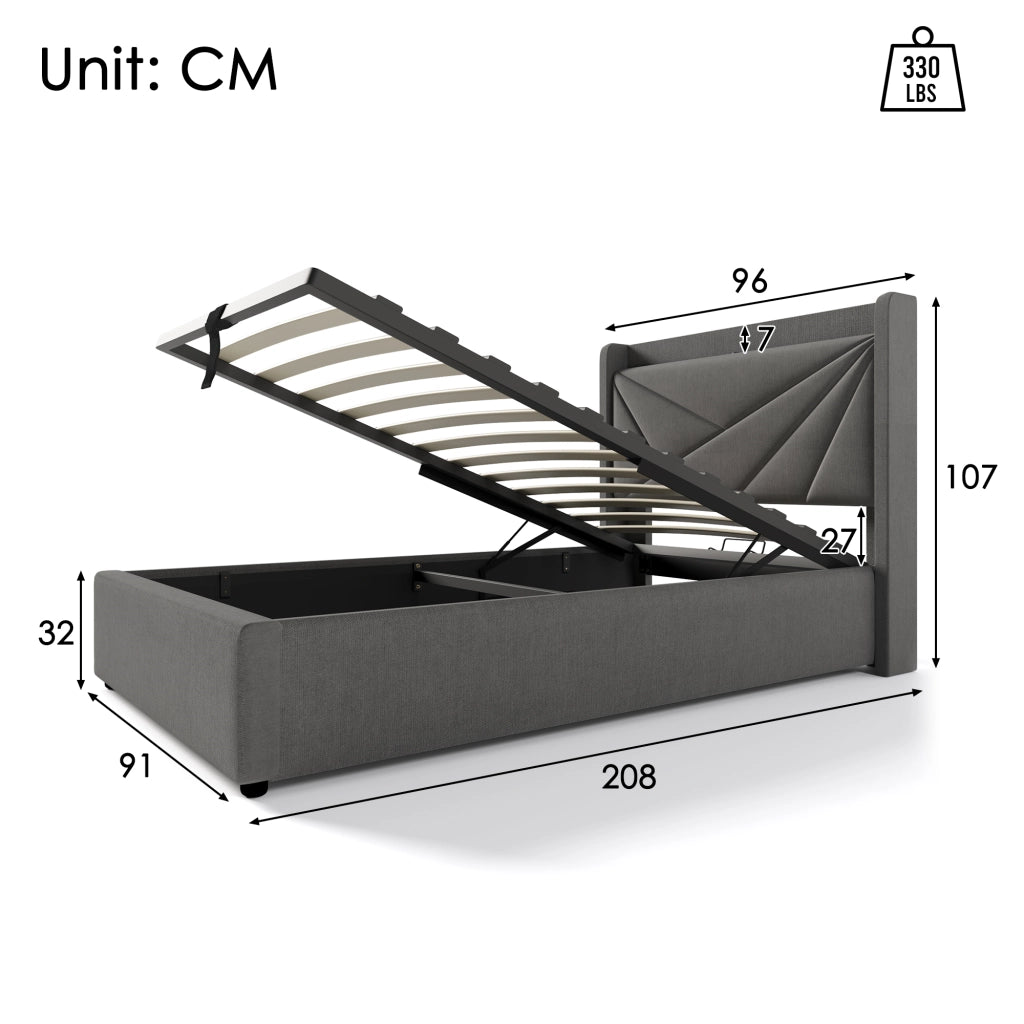 LETTO Singolo Contenitore 90x200 cm Grigio in Cotone-Lino con USB e Type-C