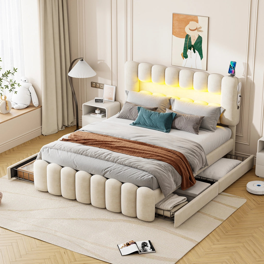 Letto Imbottito con Cassetti e LED ¨C MINIMAL ¨C Velluto Beige 160x200