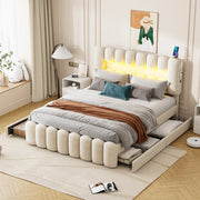 Letto Imbottito con Cassetti e LED ¨C MINIMAL ¨C Velluto Beige 160x200