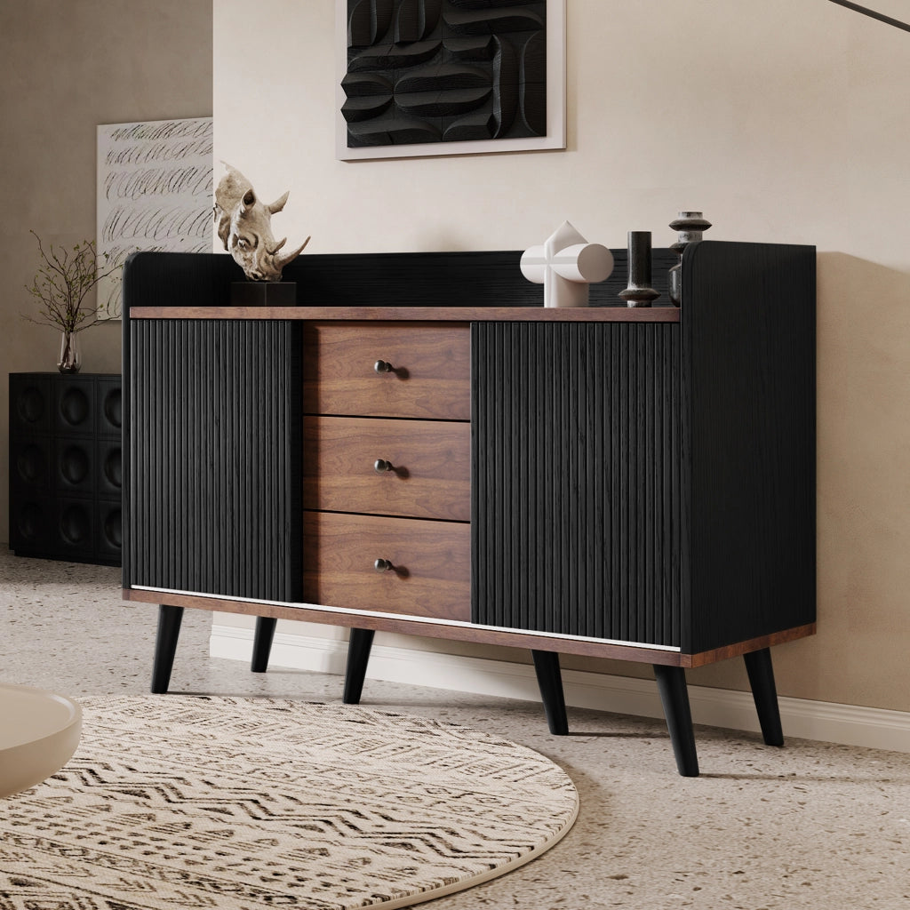 OKWISH Credenza con 2 Ante Scorrevoli e 3 Cassetti, Ripiani Regolabili, per Soggiorno o Ingresso, Nero 117,5×40×80 cm