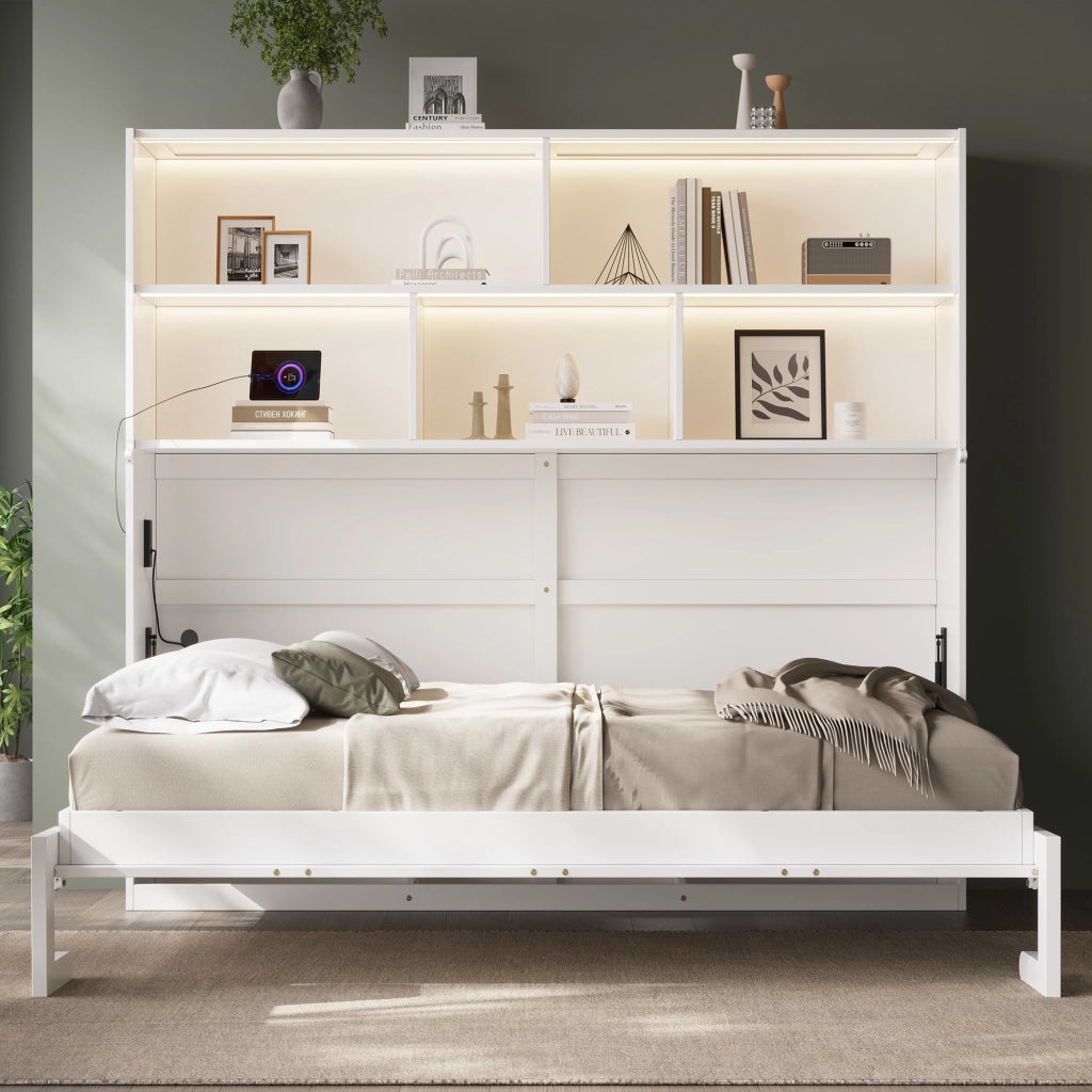 LETTO Contenitore 90x200 cm Bianco in MDF con LED e rete a doghe