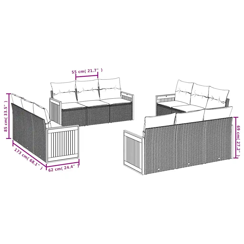 Set Divani da Giardino 12 pz con Cuscini Nero in Polyrattan 3227513