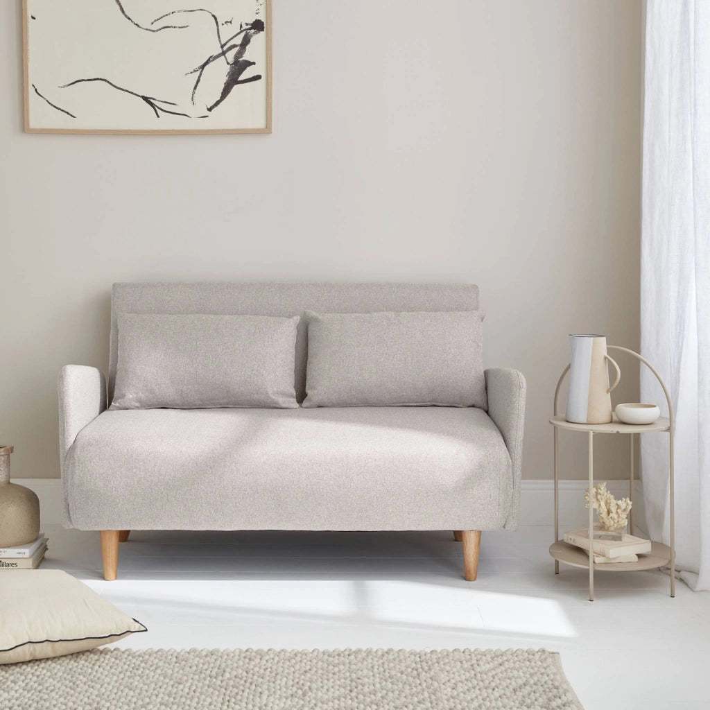 Divano letto clic-clac in tessuto con gambe in legno, 2 posti, beige